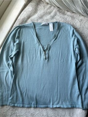 Preppy Zipper V Neck Long Sleeve Baby Blue
